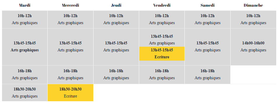 Agenda des cours de l'Atelier des Nouveaux Arts pour la saison 2025-2026 Agenda des cours de l'Atelier des Nouveaux Arts pour la saison 2025-2026
